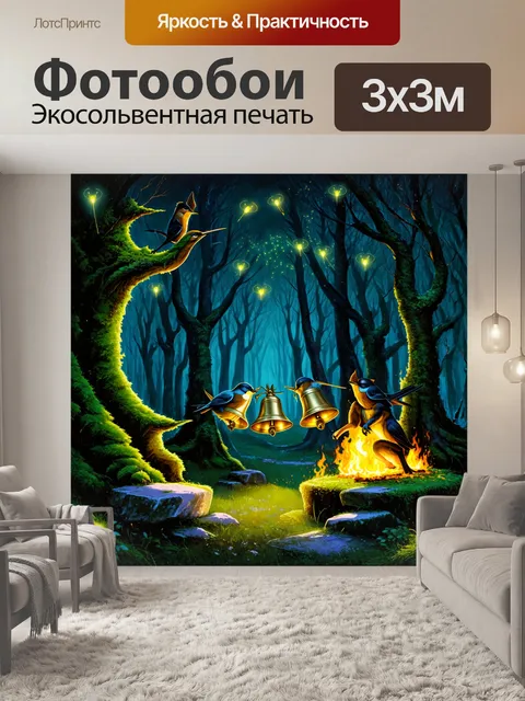 Фотообои темный лес, где магические светлячки танцуют в воздухе, освещая древние деревья и мшистые камни
