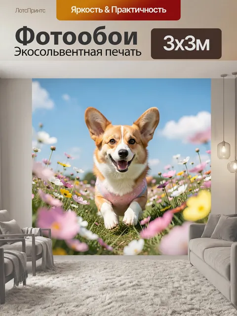 Фотообои Веселый корги в цветочном поле