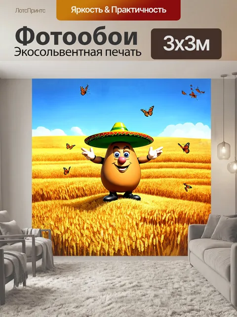 Фотообои на фоне бескрайних полей золотой пшеницы, мистер картофель гордо возвышается на пике холма