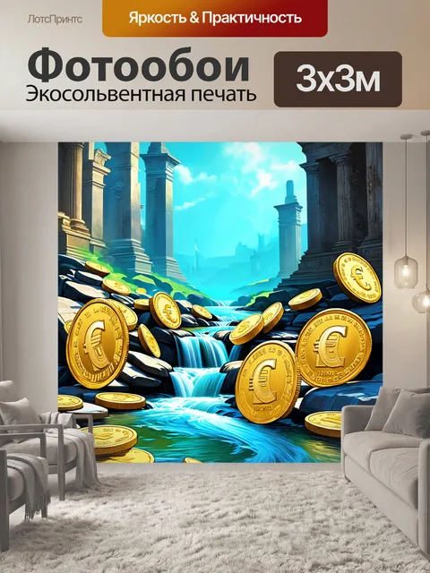 Фотообои изобразите сияющую реку, текущую из золотых монет евро, выходящую из древних руин