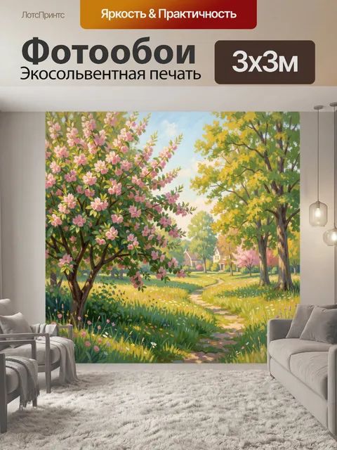Фотообои Весенний сад с цветущими деревьями