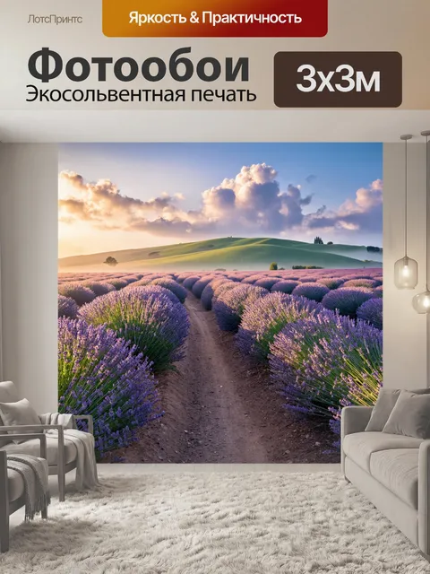 Фотообои утро: путь через лавандовые поля, где утренний туман окутывает растения