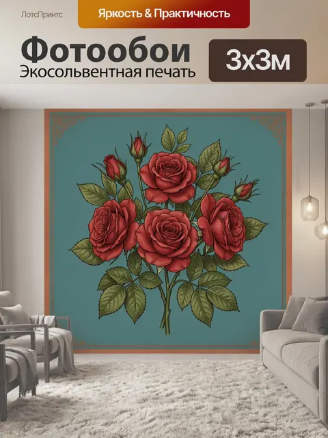 Фотообои Букет красных роз на бирюзовом фоне