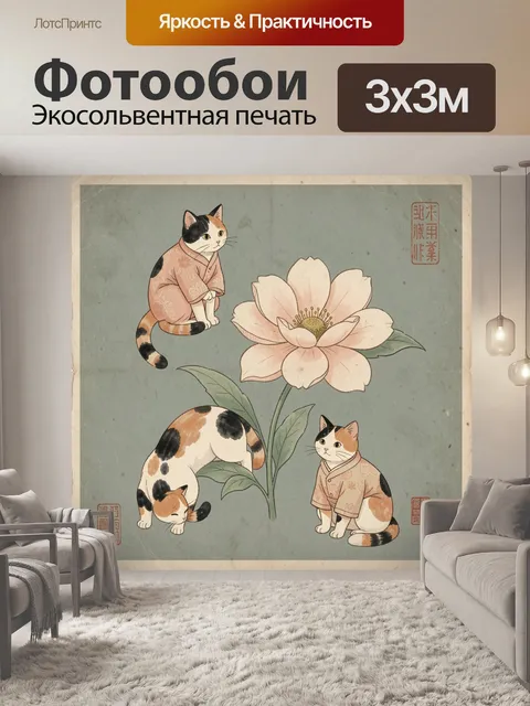 Фотообои Три калико кошки с цветком