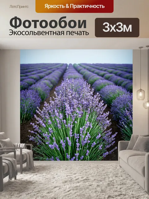 Фотообои мятный цвет изображают бескрайние поля лаванды, выполненные в стиле реализма