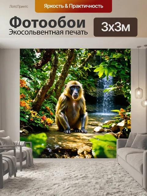 Фотообои в густом, ярко-зеленом лесу, среди листвы и веток, сидит бабуин, его золотистая шерсть сверкает на солнечном…