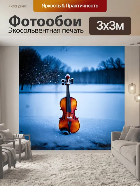Фотообои под зимним небом, скрипка, покрытая инеем, стоит на краю замерзшего озера