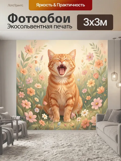 Фотообои Рыжий кот в цветочном поле