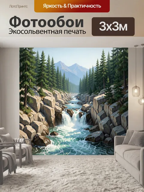 Фотообои Горная река среди хвойного леса
