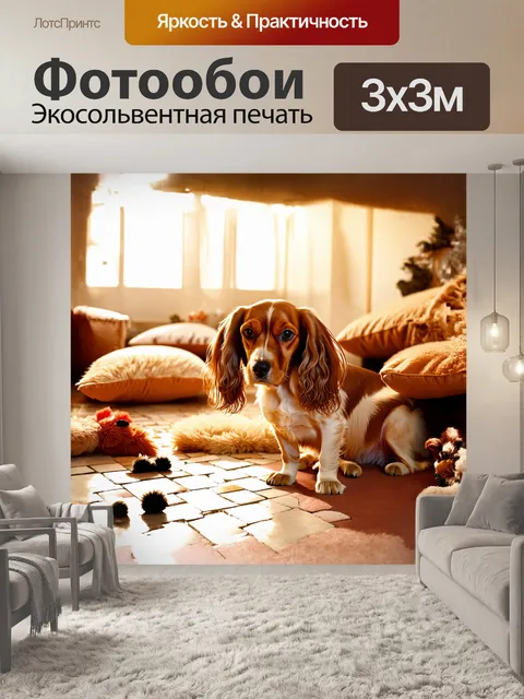 Фотообои в сердце уютного, светлого зала с мягким светом, находится спаниель с длинными, шелковистыми ушами…
