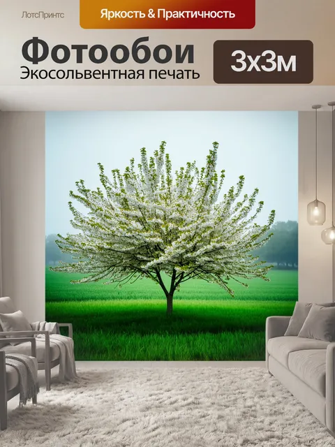 Фотообои оранжевое дерево с белыми цветами, погруженное в утренний туман на фоне зеленого поля