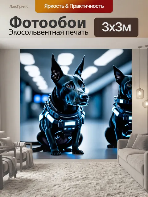 Фотообои животные в стиле киберпанк, собаки с акр-системами и интерфейсами на шее в окружении хай-тек