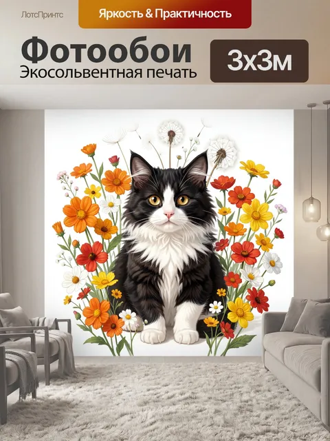 Фотообои Черно-белый кот среди цветов