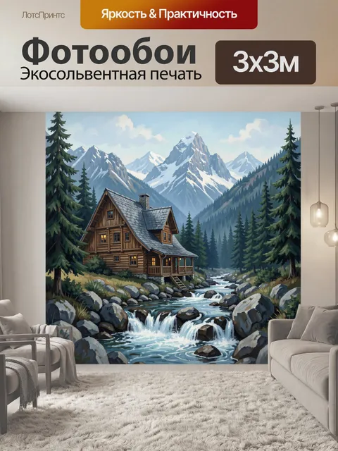 Фотообои Хижина у водопада среди гор