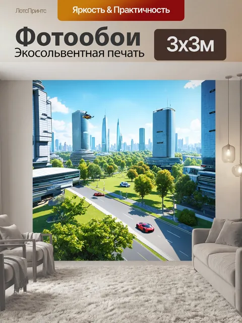 Фотообои техника, представляющая собой футуристический город с высокотехнологичными зданиями, летающими автомобилями…