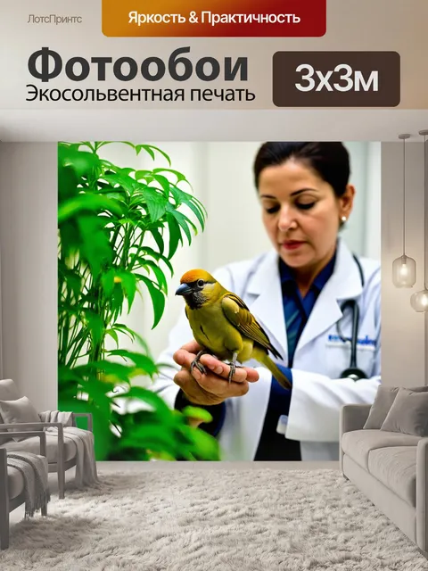 Фотообои ветеринар, заботливо содержащий в руках здоровую птицу, окруженный яркими зелеными растениями в скучном…