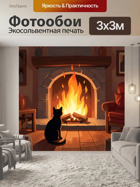 Фотообои Кот у камина в уютной гостиной