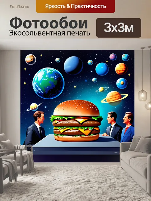 Фотообои гамбургер на астрономической выставке, окружённый представителями различных планет и звёзд