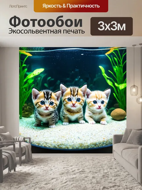 Фотообои котята, исследующие подводный мир в аквариуме, глядя в него