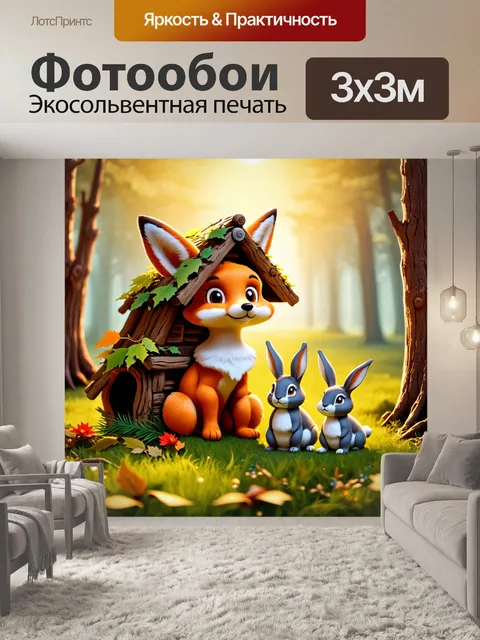 Фотообои сказка животные: дружелюбная лисица и её друзья-кролики