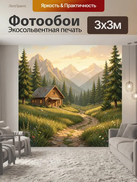 Фотообои Горный домик в лесной долине