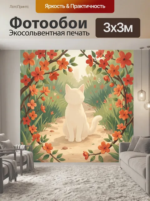 Фотообои Кот в цветущем садовом туннеле
