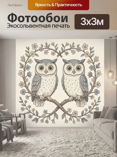 Фотообои Совы на ветвях в цветочном круге