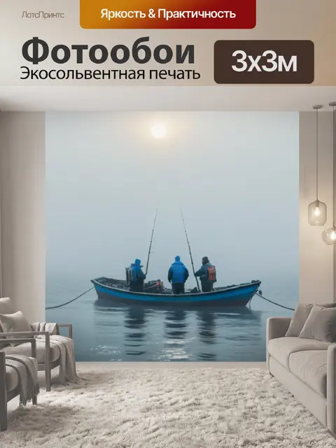 Фотообои лодка с рыбаками в туманном море