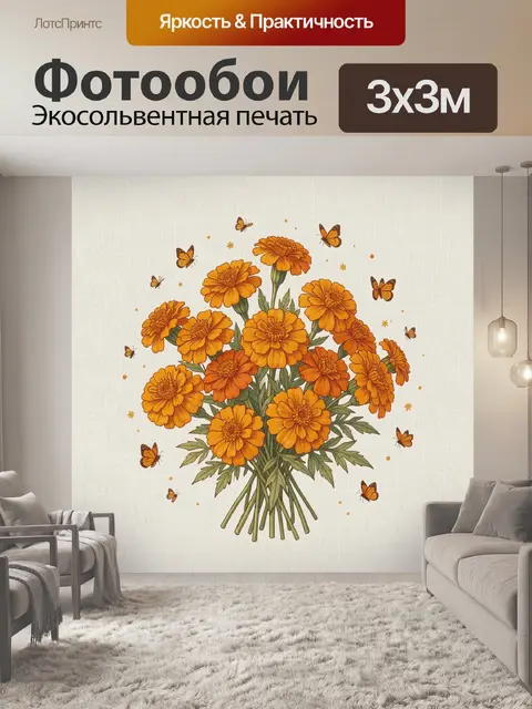 Фотообои Букет оранжевых бархатцев с бабочками