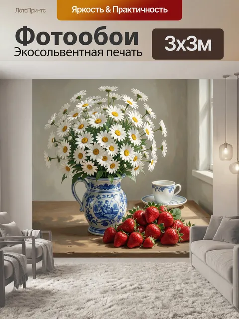 Фотообои Ромашки, клубника и фарфор