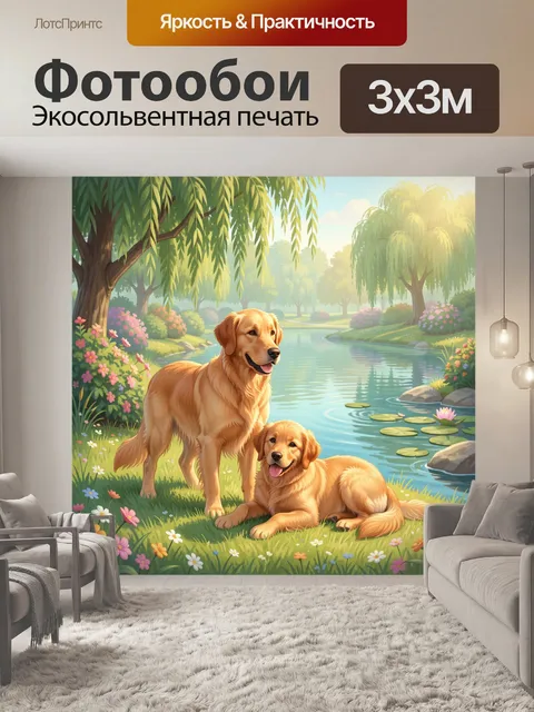 Фотообои Два золотистых ретривера у пруда