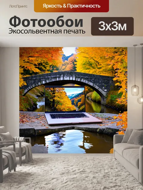 Фотообои ноутбук, установленный на старом каменном мосту, над рекой, с отражением в воде