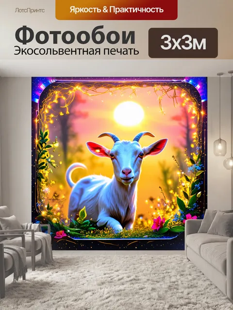 Фотообои белый козел в хрустальных светах, украшенном природными элементами, такими как цветы и листья, на фоне заката