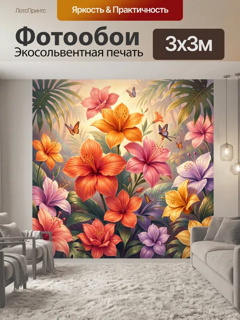 Фотообои Тропические цветы и бабочки