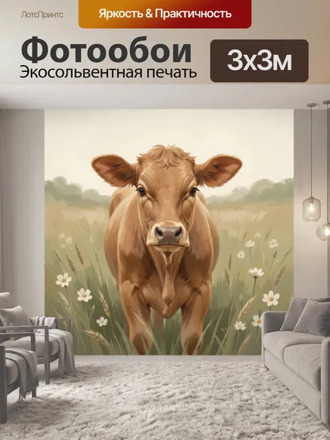 Фотообои Телёнок на лугу с ромашками