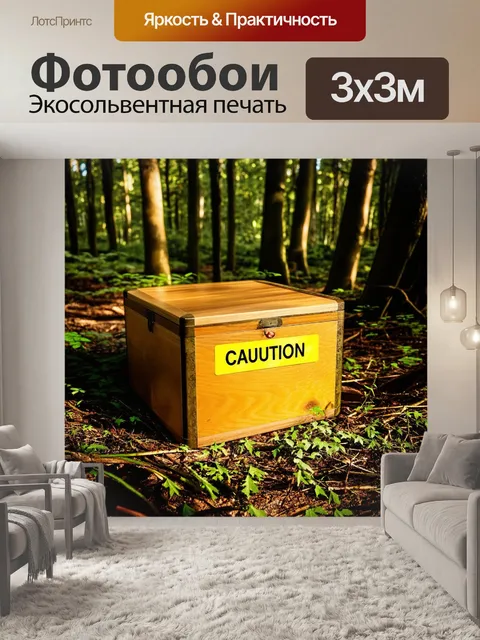 Фотообои деревянный ящик с надписью "радиация: осторожно", окруженный запустением природы в лесу