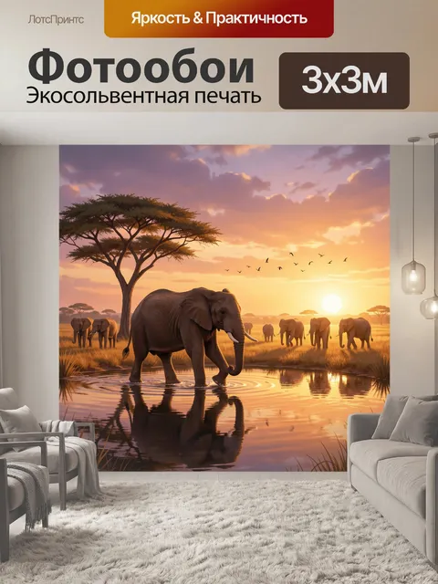 Фотообои Слоны в саванне на закате