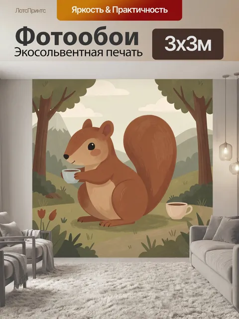 Фотообои Рыжая белка с чашкой кофе