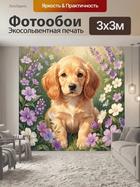 Фотообои Золотистый щенок среди цветов