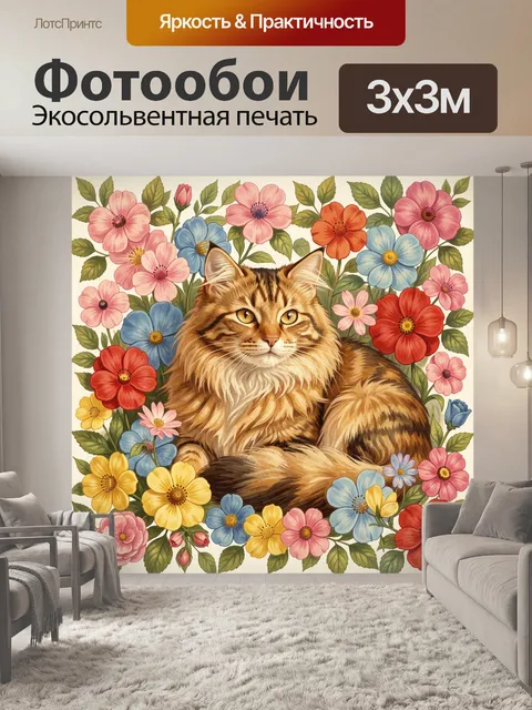 Фотообои Полосатый кот среди ярких цветов