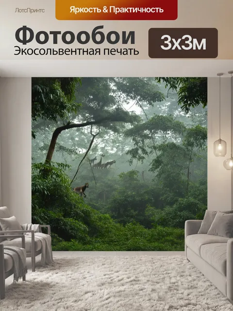 Фотообои утренний туман над джунглями, создающий мистическую атмосферу и скрывающий животных между деревьями