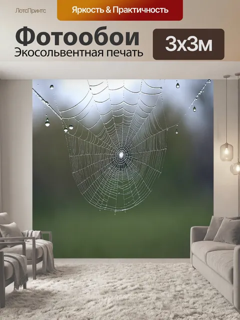 Фотообои туман в стиле пастельный рисунок, утренний туман и капли росы на паутине