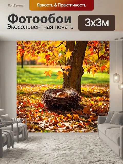 Фотообои осень: засохшее дерево с гнездом, яркие листья на земле, солнечные лучи пробиваются сквозь ветви