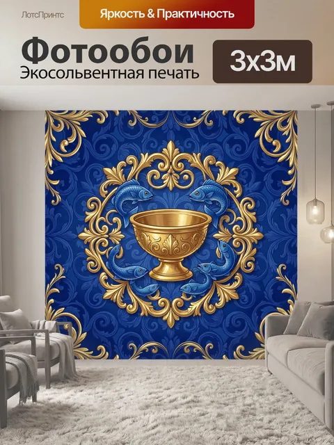 Фотообои Золотая чаша с голубыми рыбами