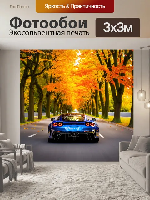 Фотообои спортивный автомобиль, мчащийся по аллее, окаймленной прямыми деревьями с яркими листьями