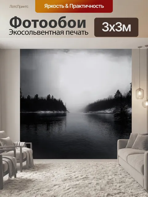 Фотообои черно-бело-серебристое озеро растянулось под облачным небом, отражая мрак и літо природы
