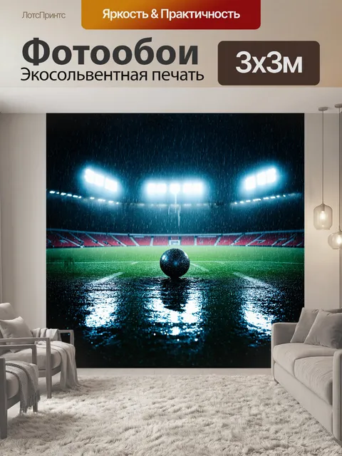 Фотообои небольшой стадион, укрытый вечерним туманом, освещен мягким светом прожекторов, которые отражаются в…