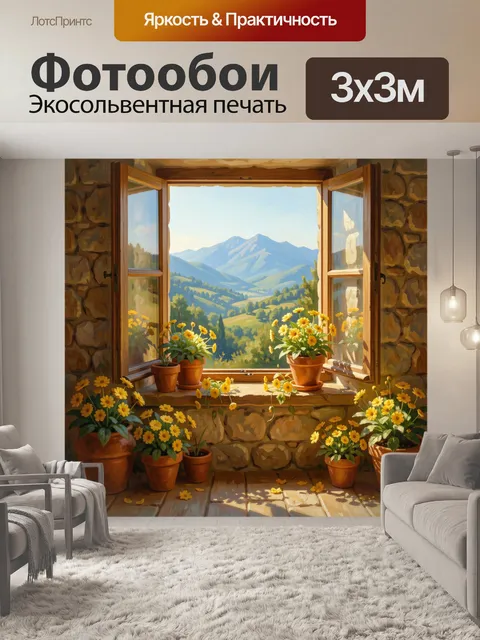 Фотообои Окно с видом на горы и цветы