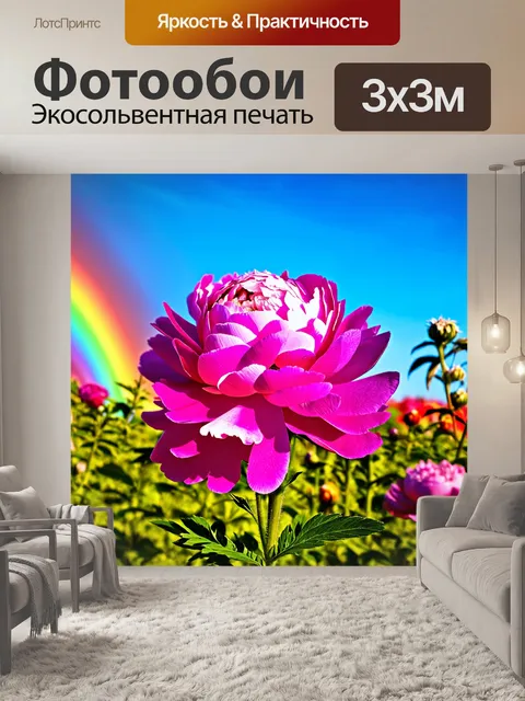 Фотообои пионы в картине природы с многоцветной радугой на фоне, создающей яркий контраст