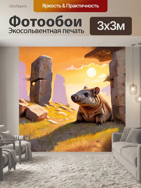 Фотообои вомбат, лежащий на солнечном склоне холма, рядом с древними каменными знаками, которые рассказывают историю…